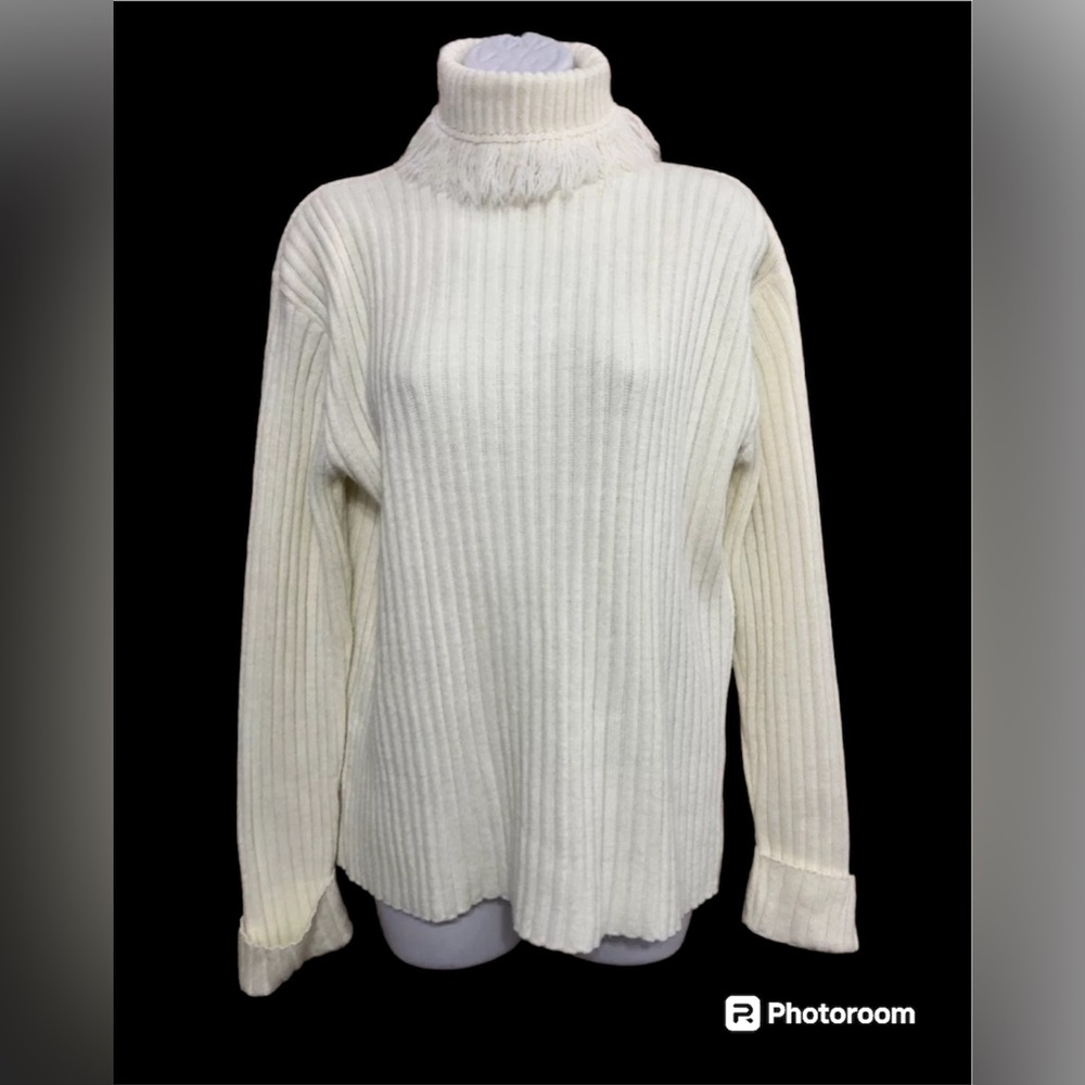 Vintage Y2K Ribbed Turtleneck Sweater Women Sz‎ M Ivory Fringe Chunky Acrylic